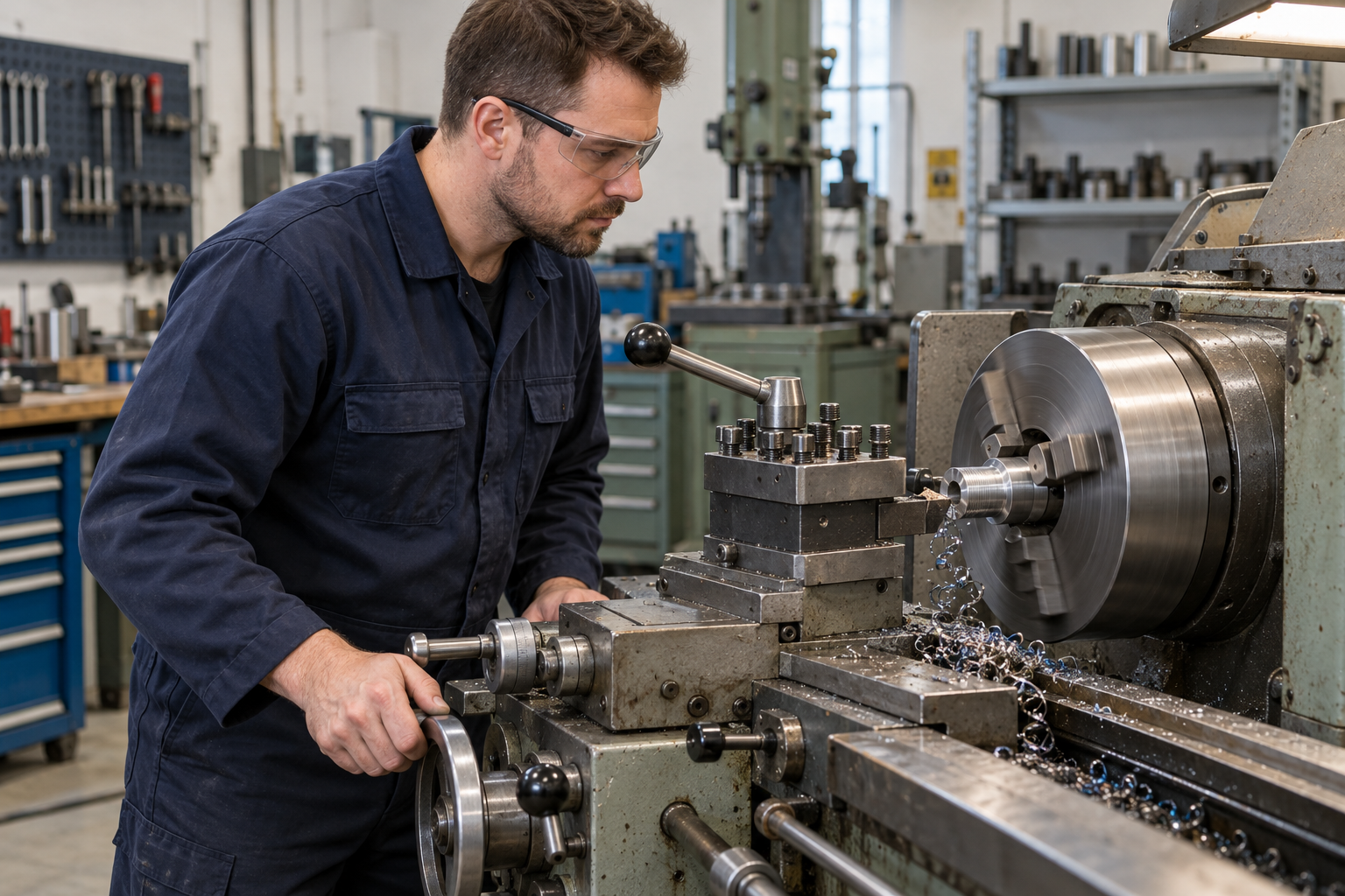Lathe operator machining a metal component